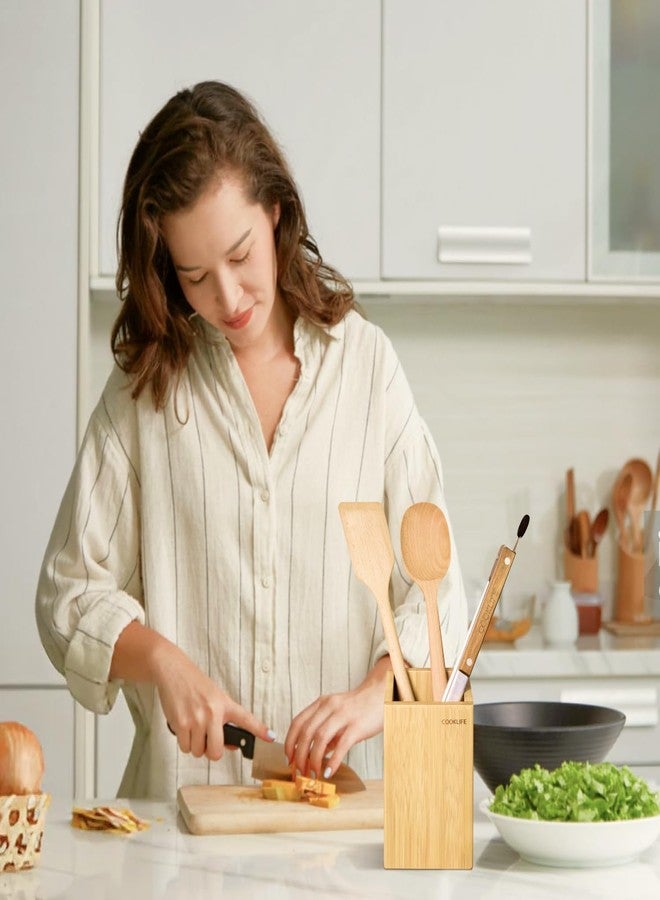 COOKLIFE Bamboo Utensil Holder - Removable Bottom Drip Tray - Bamboo Spoon and Spatula Holder - Countertop, Farmhouse and Kitchen Decor - Image 4